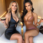 Faux Leather Halter Neck Twist Front Keyhole Cut Out Ruched Bodycon Mini Dress