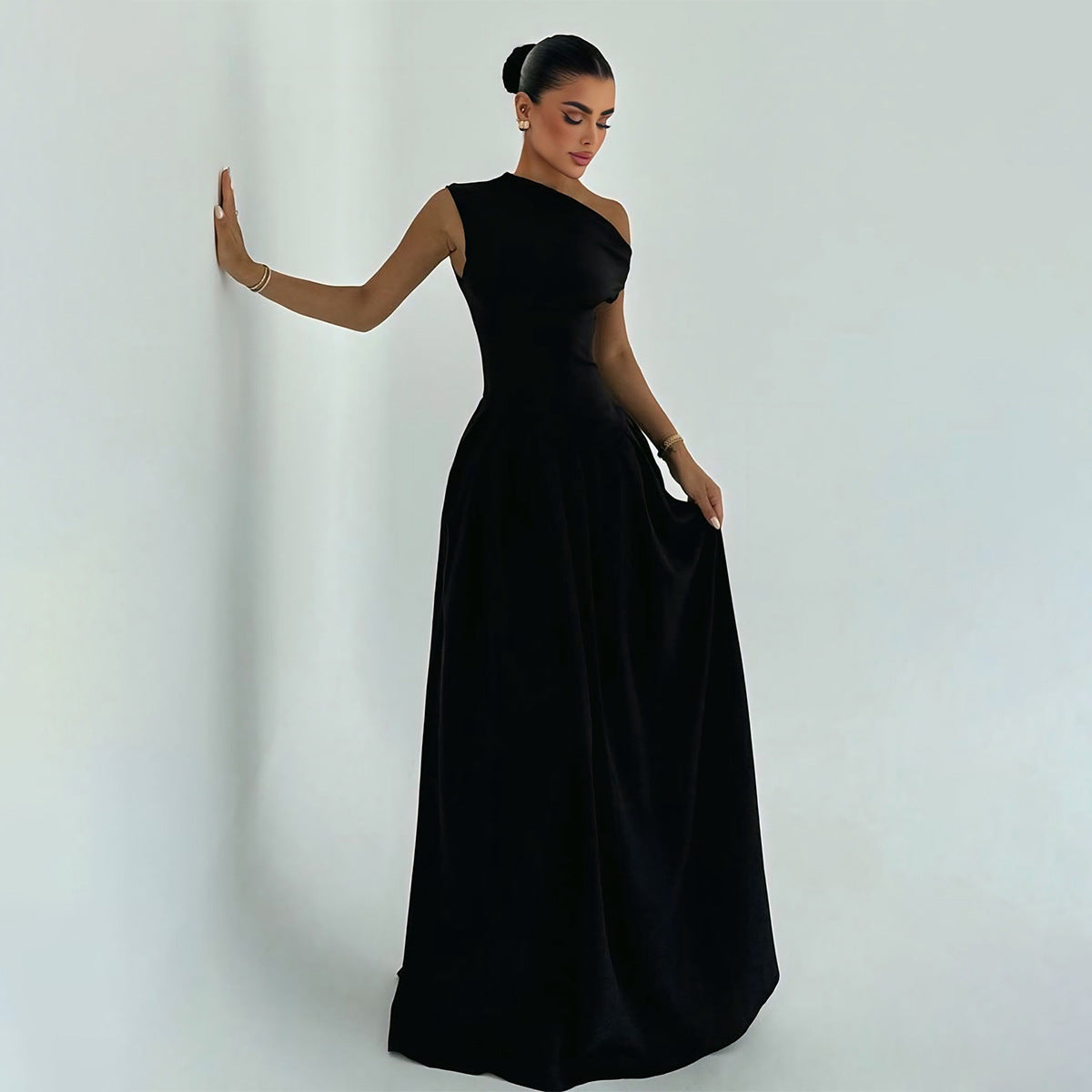 One Shoulder Fitted Bodice A-Line Floor Length Maxi Gown
