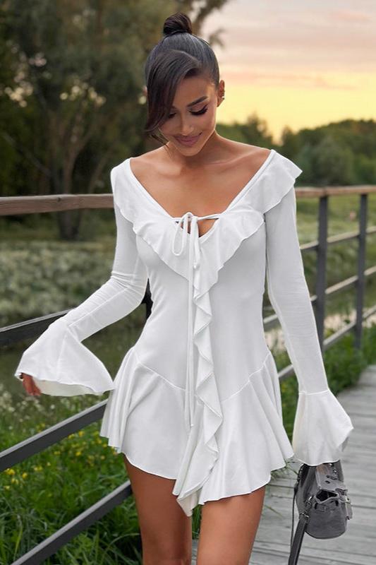 Ruffle Trim Deep V-Neck Tie Front Long Sleeve Tiered Asymmetric Hem Mini Dress