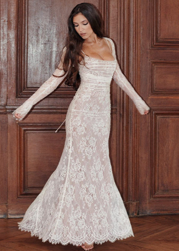 Square Neck Ruched Floral Lace Sheer Long Sleeve Maxi Dress