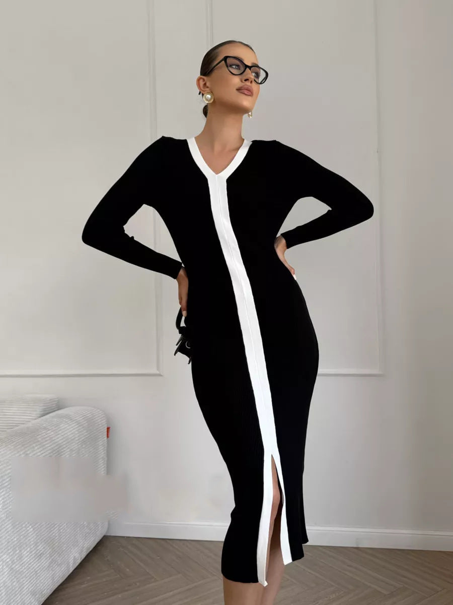 V-Neck Contrast Trim Center Stripe Bell Cuff Rib Knit Midi Dress