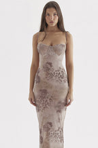 Sweetheart Bodycon Lace Mesh Sleeveless Printed Maxi Dress - Floral