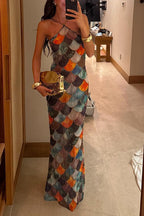 Little Mermaid Colorful Scales Print Halter Maxi Dress
