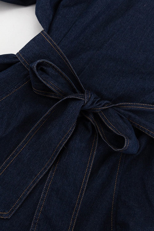 Mandarin Collar Button Front Puff Sleeve Cinched Waist Denim Mini Dress