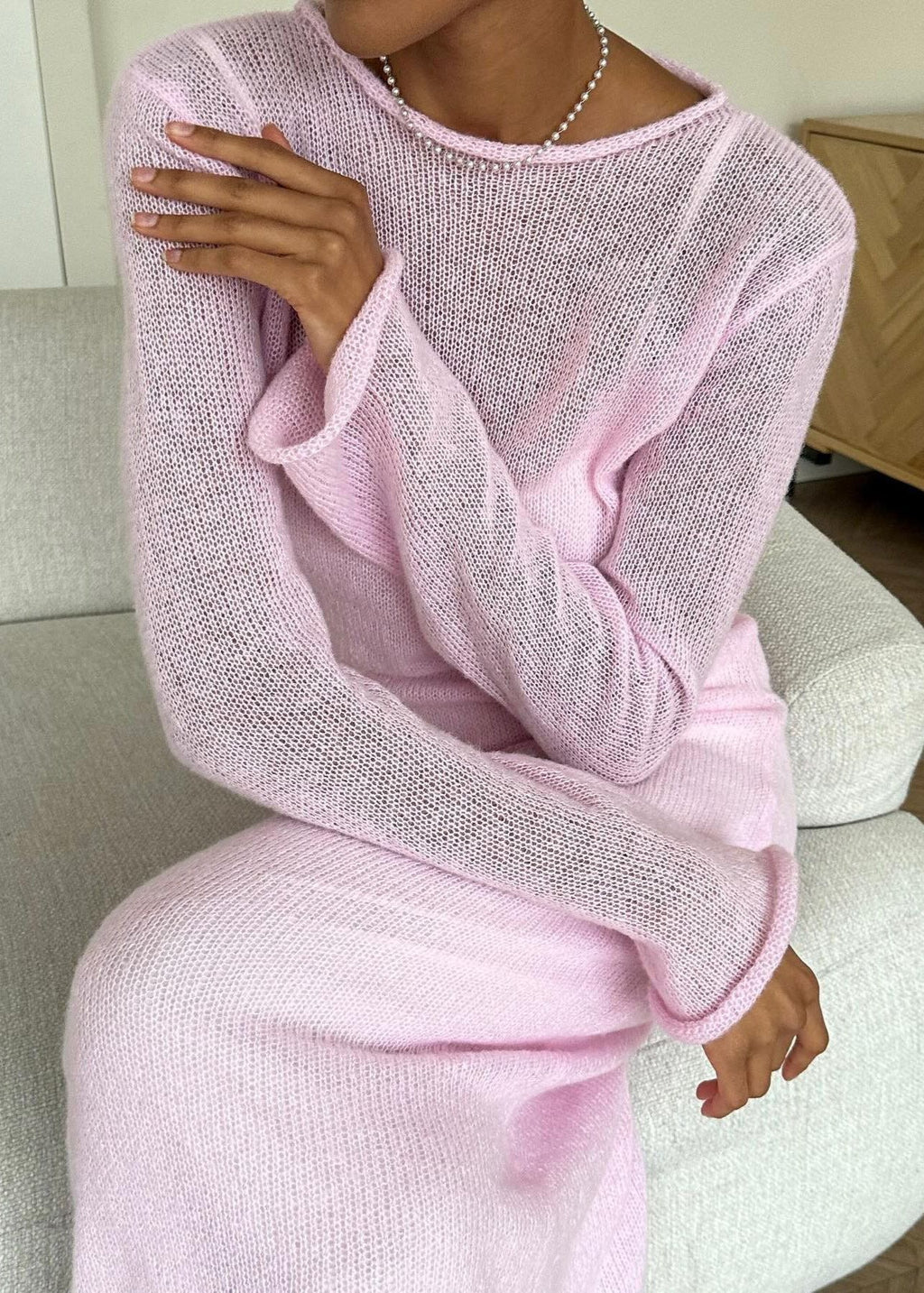 Sheer Knit Round Neck Long Sleeve Layered Maxi Dress
