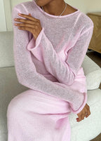 Sheer Knit Round Neck Long Sleeve Layered Maxi Dress