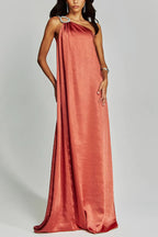 Charming Glance Satin Metal Hardware One Shoulder Loose Maxi Dress