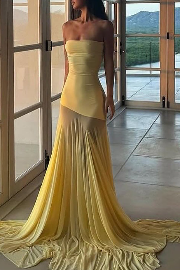 Solid Color Sleeveless Off-shoulder Mesh-paneled Fitted Maxi Dress