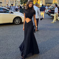 Mesh Ruched Mock Neck Cut Out Waist Gathered Maxi Mini Dress