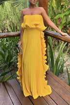 Reina Chiffon Pleated Wavy Ruffles Trim Strapless Loose Maxi Dress