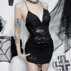 Dark Ragged Slim Fit Slit Hip-hugging Suspender Dress
