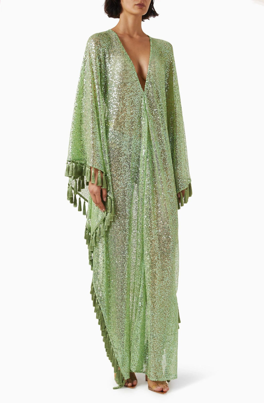 Gianna Sequin Deep V-neck Batwing Sleeve Fringed Trim Slit Gown Maxi Dress
