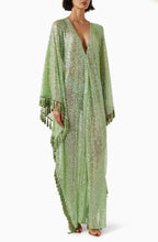 Gianna Sequin Deep V-neck Batwing Sleeve Fringed Trim Slit Gown Maxi Dress