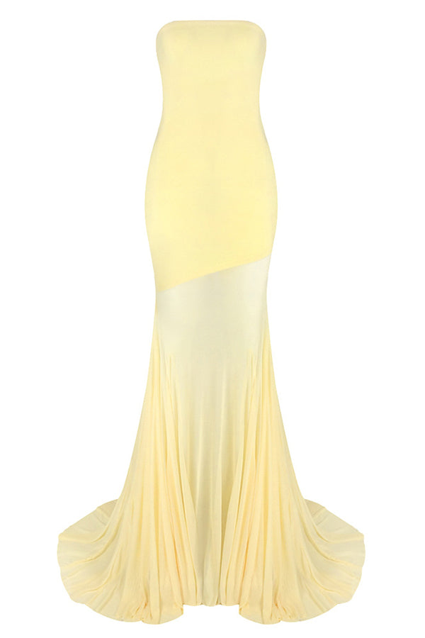 Solid Color Sleeveless Off-shoulder Mesh-paneled Fitted Maxi Dress