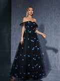 Black off Shoulder Dress Butterfly Embroidered Mesh Cocktail Party Evening Dress
