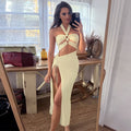 Halter Ring Link Cut Out Ruched High Split Maxi Dress