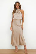 Halter Cowl Neck Sleeveless Satin Bias Cut Midi Dress