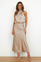 Halter Cowl Neck Sleeveless Satin Bias Cut Midi Dress