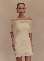 Off Shoulder Ruched Mesh Overlay Ruffle Hem Bodycon Mini Dress
