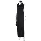 Satin Halter Neck Choker Side Slit Floor Length Maxi Gown