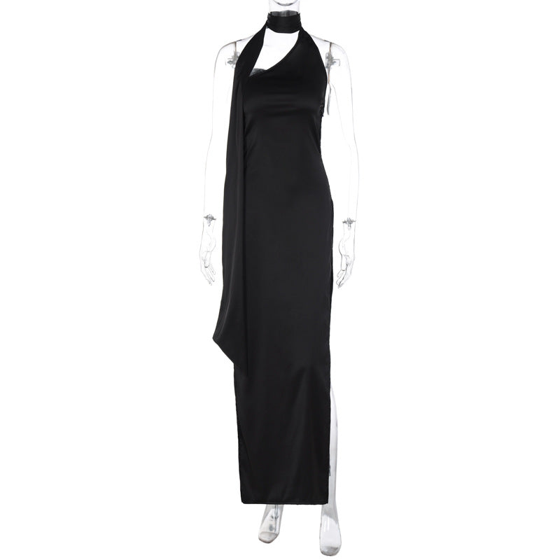 Satin Halter Neck Choker Side Slit Floor Length Maxi Gown