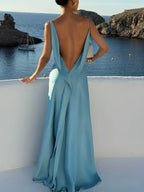 Flowing Elegance Satin Draped Neck Backless Ruffle Slit Maxi Dress