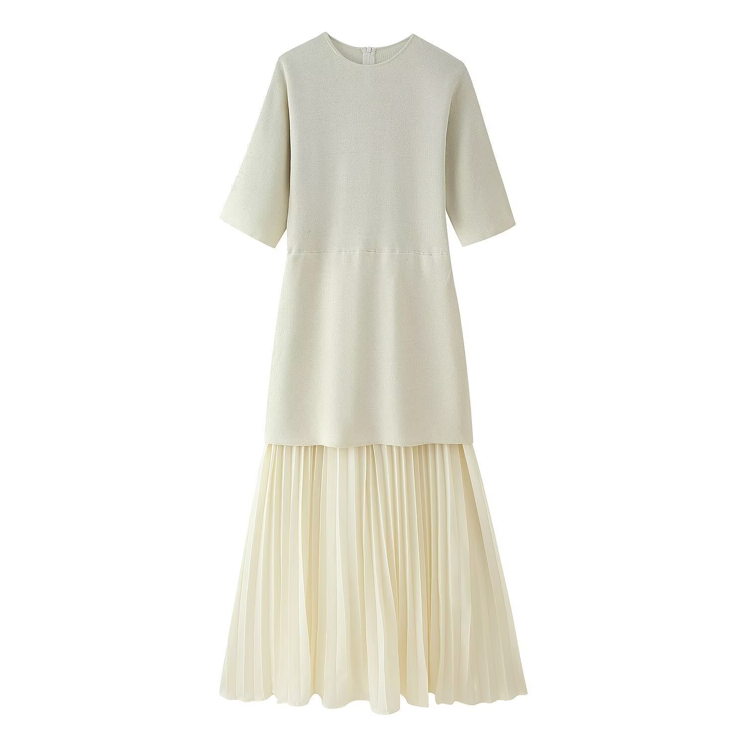 Dolman Sleeve Knit Bodice Pleated Midi Dress