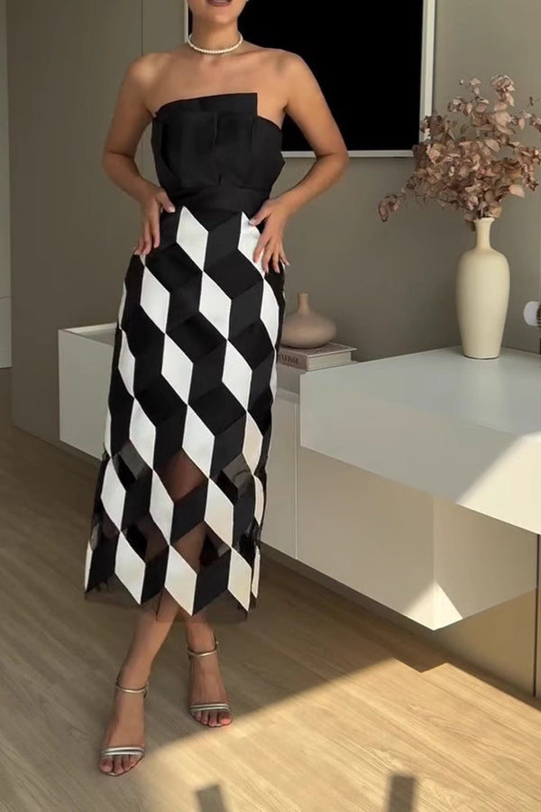 Sexy Tube Top and Backless Rhombus Contrast Midi Dress