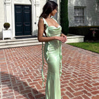 Satin Cowl Neck Spaghetti Strap Ruffle Strap Backless Maxi Dress