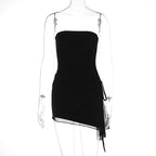 Strapless Ruched Mesh High Split Asymmetric Hem Bodycon Mini Dress