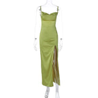 Satin Cowl Neck Spaghetti Strap High Split Backless Slip Maxi Dress