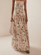 Square Neck Wide Strap Tiered Floral Print A-Line Maxi Dress