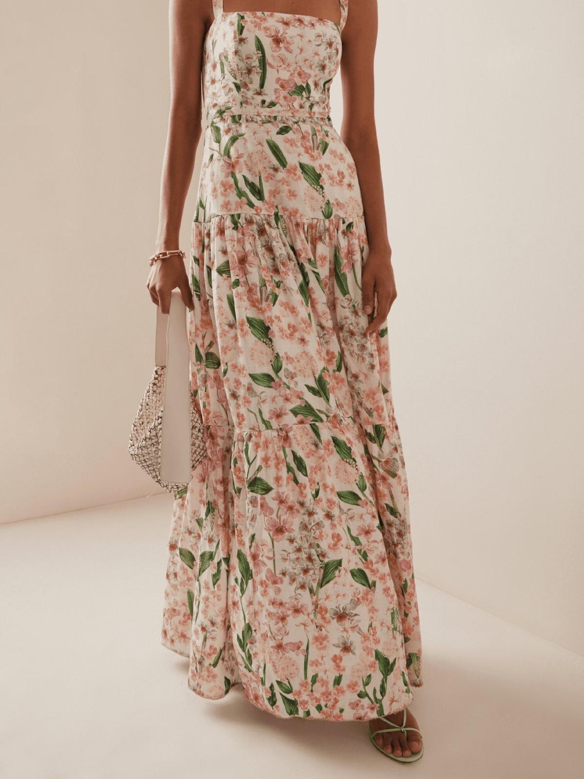 Square Neck Wide Strap Tiered Floral Print A-Line Maxi Dress