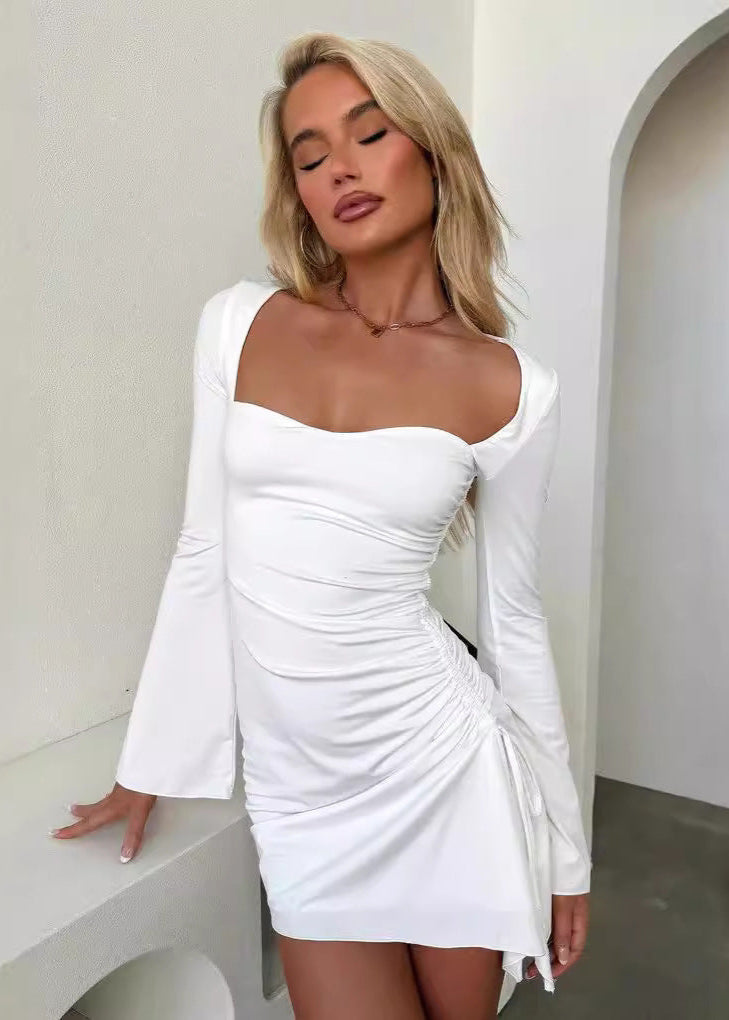 Sweetheart Neck Bell Sleeve Ruched Drawstring Asymmetrical Hem Mini Dress