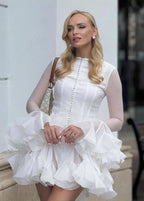 Crew Neck Button Front Sheer Sleeve Tiered Ruffle Mini Dress