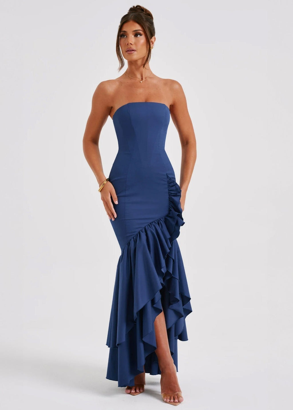 Strapless Ruffle Cascade High-Low Maxi Gown