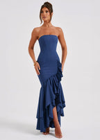 Strapless Ruffle Cascade High-Low Maxi Gown