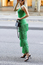 Solid Color Sleeveless Slim Fit Fringed Hem Knitted Midi Dress