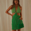Pleated Halter Deep V-Neck Lace Up Cut Out Waist Mini Dress