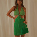 Pleated Halter Deep V-Neck Lace Up Cut Out Waist Mini Dress