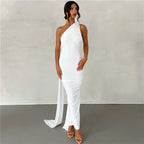 One Shoulder Asymmetric Strap Metal Ring Open Back Ruched Train Maxi Dress