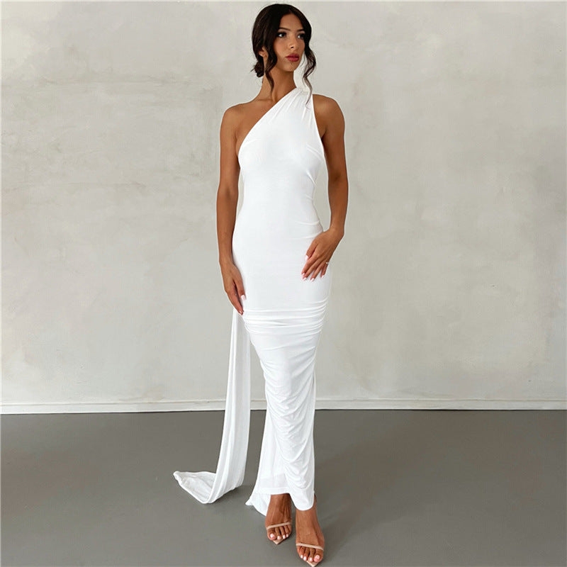 One Shoulder Asymmetric Strap Metal Ring Open Back Ruched Train Maxi Dress