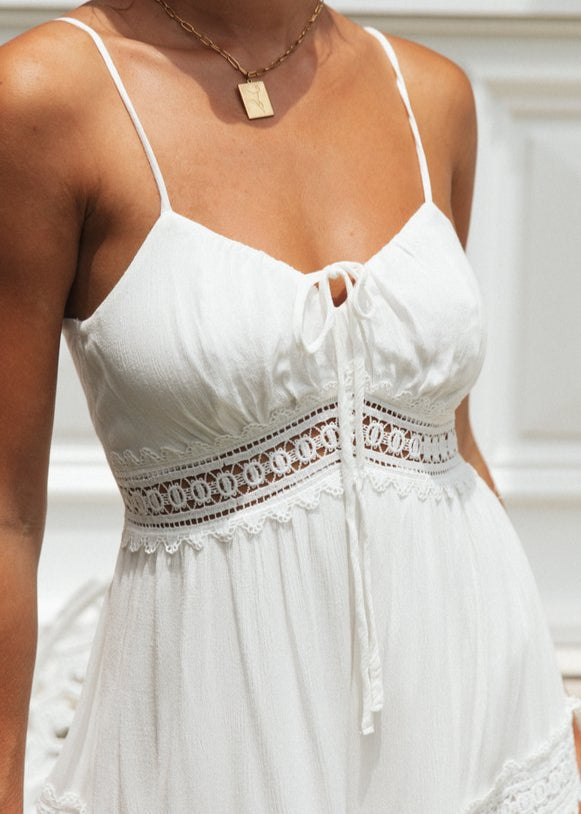 Spaghetti Strap Sweetheart Tie Front Lace Inset Tiered Trim Maxi Dress