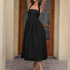 Halter Neck Square Neck V Waist Gathered A Line Midi Dress