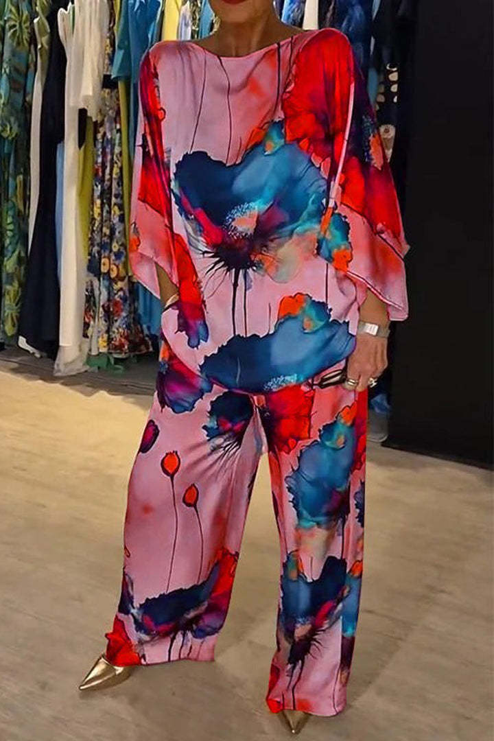 Unique Elegant Satin Loose Fit Printed Batwing Sleeve Set