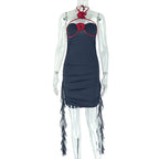 Halter Neck Applique Sweetheart Ruched Ruffle Streamer Mini Dress