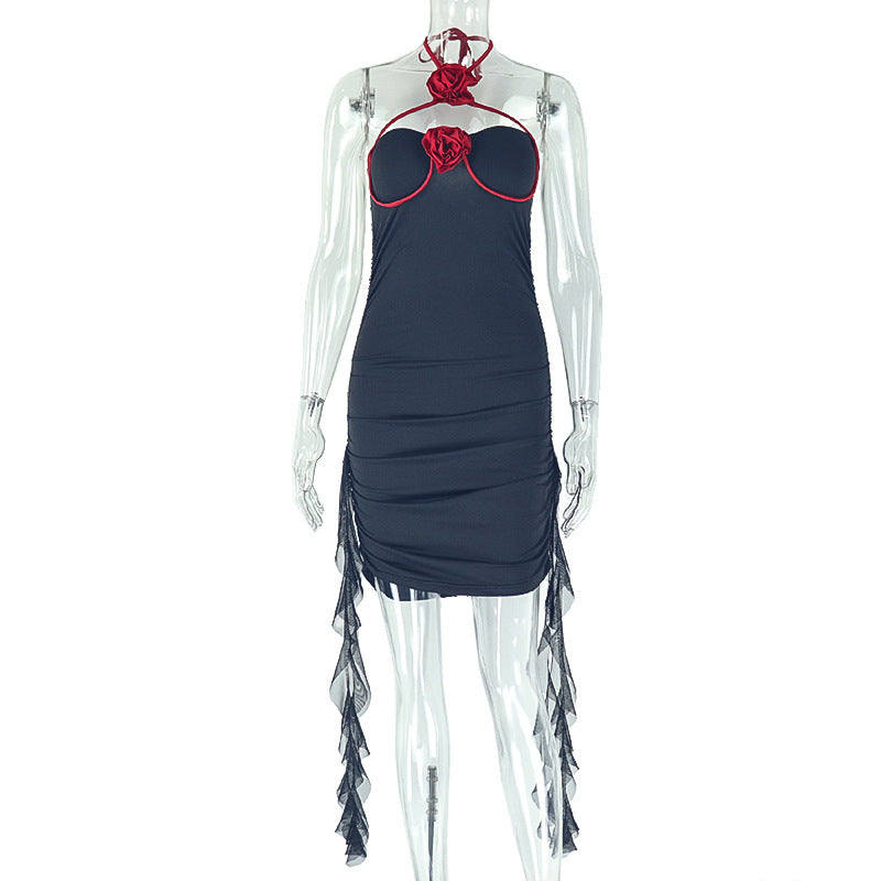 Halter Neck Applique Sweetheart Ruched Ruffle Streamer Mini Dress