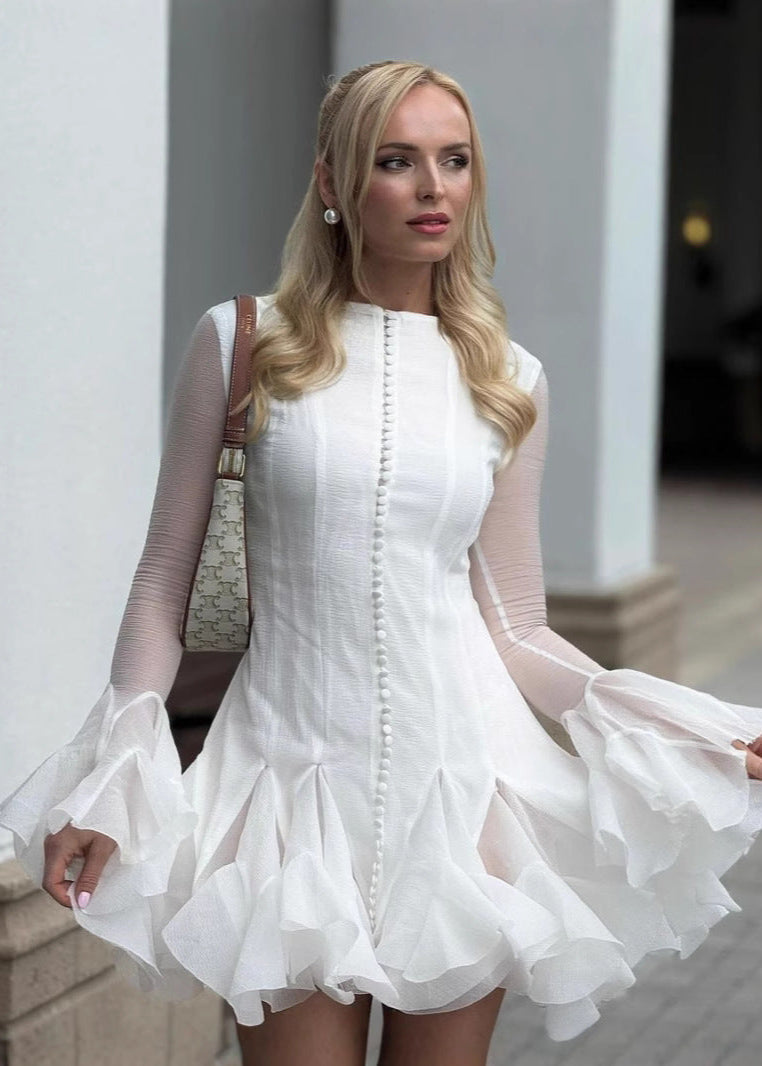 Crew Neck Button Front Sheer Sleeve Tiered Ruffle Mini Dress