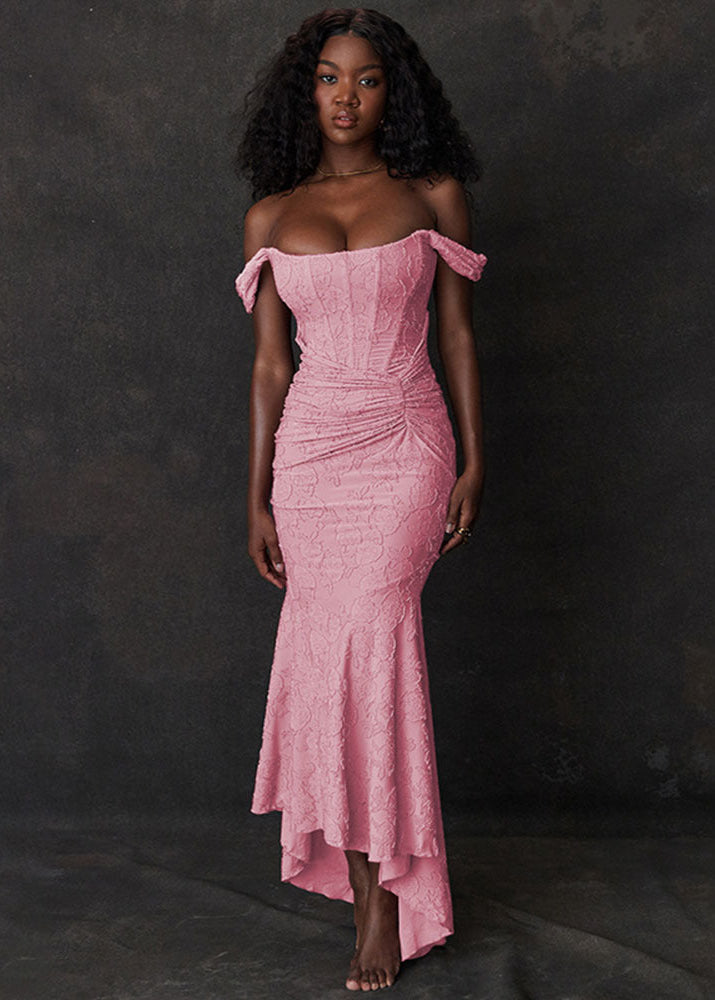 Sweetheart Off Shoulder Lace Ruched Mermaid Hem Maxi Dress