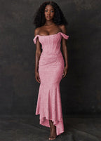 Sweetheart Off Shoulder Lace Ruched Mermaid Hem Maxi Dress